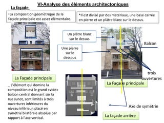 La Façade principale
•La composition géométrique de la
façade principale est assez élémentaire.
*Il est divisé par des matériaux, une base carrée
en pierre et un plâtre blanc sur le dessus.
La façade
Une pierre
sur le
dessous
Un plâtre blanc
sur le dessus
Axe de symétrie
Balcon
_ L'élément qui domine la
composition est le grand «vide»
balcon central donnant sur la
rue Junot, sont limités à trois
ouvertures inférieures du
niveau inférieur, placé en
symétrie bilatérale absolue par
rapport à l'axe vertical.
trois
ouverturesLa Façade principale
La façade arrière
VI-Analyse des éléments architectoniques
 