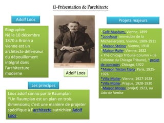 Biographie
Né le 10 décembre
1870 a Brünn a
vienne est un
architecte défenseur
du dépouillement
intégral dans
l’architecture
moderne
Projets majeursAdolf Loos
Loos adolf connu par le Raumplan
*Un Raumplan est un plan en trois
dimensions; c'est une manière de projeter
spécifique à l'architecte autrichien Adolf
Loos.
*Café Muséum, Vienne, 1899
*Looshaus, immeuble de la
Michaelerplatz, Vienne, 1909-1911
*Maison Steiner, Vienne, 1910
*Maison Rufer, Vienne, 1922
« The Chicago Tribune Column » (la
Colonne du Chicago Tribune), *projet
de concours, Chicago, 1922
*Maison Tristan Tzara, Paris, 1925-
1926
*Villa Moller, Vienne, 1927-1928
*Villa Müller, Prague, 1928-1930
*Maison Moissi (projet) 1923, au
Lido de Venise
II-Présentation de l’architecte
Adolf Loos
Les principes
 