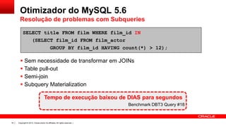 Otimizador do MySQL 5.6
Resolução de problemas com Subqueries
SELECT title FROM film WHERE film_id IN
(SELECT film_id FROM film_actor
GROUP BY film_id HAVING count(*) > 12);

 Sem necessidade de transformar em JOINs
 Table pull-out
 Semi-join
 Subquery Materialization

Tempo de execução baixou de DIAS para segundos
Benchmark DBT3 Query #18

18

Copyright © 2013, Oracle and/or its affiliates. All rights reserved. |

 
