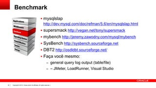 Benchmark
 mysqlslap

http://dev.mysql.com/doc/refman/5.6/en/mysqlslap.html
 supersmack http://vegan.net/tony/supersmack

 mybench http://jeremy.zawodny.com/mysql/mybench
 SysBench http://sysbench.sourceforge.net
 DBT2 http://osdldbt.sourceforge.net/

 Faça você mesmo:
– general query log output (table/file)
– – JMeter, LoadRunner, Visual Studio

34

Copyright © 2013, Oracle and/or its affiliates. All rights reserved. |

 