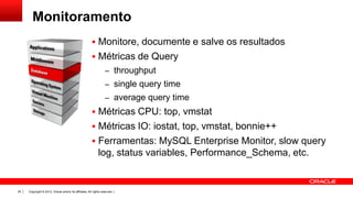 Monitoramento
 Monitore, documente e salve os resultados
 Métricas de Query
– throughput

– single query time
– average query time

 Métricas CPU: top, vmstat
 Métricas IO: iostat, top, vmstat, bonnie++
 Ferramentas: MySQL Enterprise Monitor, slow query

log, status variables, Performance_Schema, etc.

35

Copyright © 2013, Oracle and/or its affiliates. All rights reserved. |

 