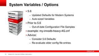 System Variables / Options
 5.6
– Updated Defaults for Modern Systems
– Auto-sized Variables

 Prior to 5.6
– Out-of-date Configuration File Samples

 example: my-innodb-heavy-4G.cnf
 Advice:
– Consider 5.6 Defaults

– Re-evaluate older config file entries

39

Copyright © 2013, Oracle and/or its affiliates. All rights reserved. |

 