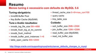 Resumo
Menos tuning é necessário com defaults do MySQL 5.6
Tuning obrigatório:

 thread_cache_size 0->8+max_con/100

 InnoDB Buffer Pool

 query cache

 Key Buffer Cache (MyISAM)

 tmp_table_size

Tune e Avalie resultados:

Cuidado:

 innodb_log_file_size 5M->48M

 sort_buffer_size 2MB->256K

 innodb_flush_log_at_trx_commit

 join_buffer_size 128K->256K

 innodb_flush_method

 read_buffer_size (MyISAM)

 innodb_buffer_pool_instances 1->8

 read_rnd_buffer_size

 table_open_cache 400->2000

http://blogs.oracle.com/supportingmysql/entry/server_defaults_changes_in_mysql
49

Copyright © 2013, Oracle and/or its affiliates. All rights reserved. |

 
