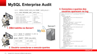 MySQL Enterprise Audit
3. Conexões e queries dos
usuários aparecem no log

1. DBA habilita no Server1

Server1

2. Usuário conecta-se e executa queries
87

Copyright © 2013, Oracle and/or its affiliates. All rights reserved. |

 