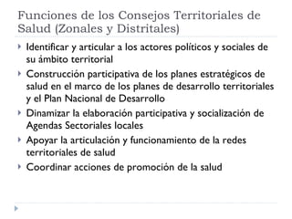 Identificar y articular a los actores políticos y sociales de su ámbito territorial Construcción participativa de los planes estratégicos de salud en el marco de los planes de desarrollo territoriales y el Plan Nacional de Desarrollo Dinamizar la elaboración participativa y socialización de Agendas Sectoriales locales Apoyar la articulación y funcionamiento de la redes territoriales de salud Coordinar acciones de promoción de la salud Funciones de los Consejos Territoriales de Salud (Zonales y Distritales) 
