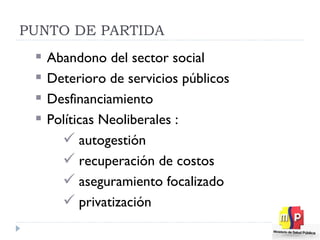 PUNTO DE PARTIDA Abandono del sector social Deterioro de servicios públicos Desfinanciamiento Políticas Neoliberales :  autogestión recuperación de costos aseguramiento focalizado privatización 