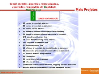 10 cursos presenciais abertos 30 cursos presenciais in company 10 cursos videos on line 57 palestras presenciais conceituais in company 08 palestras presenciais motivacionais in company 140 palestras videos on line 26 cases Benchmarking video on line 111 resumos de cases on line 03 depoimentos on line 15 oficinas presenciais de sensibilização in company 20 atividades presenciais arte-educativas in company 07 eventos abertos programados 02 campanhas 01 Livro BenchMais impresso 10 e-books on line Conteúdos on line: temas técnicos, clipping, resumo dos cases  Brindes sustentáveis (sacolas, pastas, canetas e outros) Temas inéditos, docentes especializados, conteúdos com padrão de  Q ualidade  MaisProjetos  