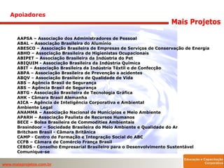 Apoiadores AAPSA – Associação dos Administradores de Pessoal ABAL – Associação Brasileira do Alumínio ABESCO – Associação Brasileira de Empresas de Serviços de Conservação de Energia ABHO – Associação Brasileira de Higienistas Ocupacionais ABIPET – Associação Brasileira da Indústria do Pet ABIQUIM - Associação Brasileira da Indústria Química ABIT – Associação Brasileira da Indústria Têxtil e de Confecção ABPA – Associação Brasileira de Prevenção a acidentes ABQV – Associação Brasileira de Qualidade de Vida ABS – Agência Brasil de Segurança ABS – Agência Brasil de Segurança  ABTG - Associação Brasileira de Tecnologia Gráfica  AHK - Câmara Brasil Alemanha AICA – Agência de Inteligência Corporativa e Ambiental Ambiente Legal ANAMMA – Associação Nacional de Municípios e Meio Ambiente APARH – Associação Paulista de Recursos Humanos BECE – Bolsa Brasileira de Commodities Ambientais Brasindoor – Sociedade Brasileira do Meio Ambiente e Qualidade do Ar Britcham Brasil - Câmara Britânica CAMP - Centro de Formação e Integração Social do ABC CCFB – Câmara de Comércio França Brasil CEBDS - Conselho Empresarial Brasileiro para o Desenvolvimento Sustentável Comunique-se 