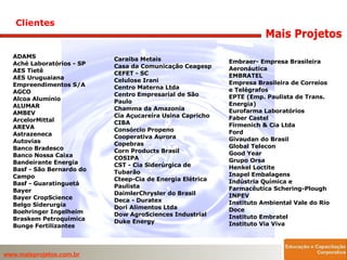 Clientes ADAMS Aché Laboratórios - SP AES Tietê  AES Uruguaiana Empreendimentos S/A  AGCO Alcoa Alumínio ALUMAR AMBEV ArcelorMittal AREVA  Astrazeneca Autovias Banco Bradesco Banco Nossa Caixa  Bandeirante Energia  Basf - São Bernardo do Campo Basf - Guaratinguetá Bayer  Bayer CropScience Belgo Siderurgia  Boehringer Ingelheim Braskem Petroquimica  Bunge Fertilizantes Embraer- Empresa Brasileira Aeronáutica  EMBRATEL Empresa Brasileira de Correios e Telégrafos EPTE (Emp. Paulista de Trans. Energia) Eurofarma Laboratórios Faber Castel Firmenich & Cia Ltda Ford Givaudan do Brasil Global Telecon Good Year Grupo Orsa Henkel Loctite  Inapel Embalagens Indústria Química e Farmacêutica Schering-Plough INPEV  Instituto Ambiental Vale do Rio Doce Instituto Embratel Instituto Via Viva Caraiba Metais  Casa da Comunicação Ceagesp CEFET - SC  Celulose Irani Centro Materna Ltda Centro Empresarial de São Paulo  Chamma da Amazonia  Cia Açucareira Usina Capricho CIBA Consórcio Propeno Cooperativa Aurora Copebras Corn Products Brasil  COSIPA CST - Cia Siderúrgica de Tubarão Cteep-Cia de Energia Elétrica Paulista DaimlerChrysler do Brasil Deca - Duratex Dori Alimentos Ltda Dow AgroSciences Industrial  Duke Energy 