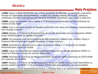Linha do Tempo  1999:  Nasce a MAIS PROJETOS com o firme propósito de INOVAR  na educação corporativa. Focada na capacitação Socioambiental, constrói um variado catalogo de cursos, palestras, workshops, eventos corporativos com extrema qualidade conceitual e que cresce a cada ano. 2000:  Lança seu primeiro site e realiza o 1º Encontro de Retribuição ao Meio Ambiente da Cidade de São Paulo 2001:  Cria e coordena Grupos de Estudos ambientais com apoio de entidades representativas e com atuação nacional 2002:  Realiza o 1º Encontro Multidisciplinar de Gestão Ambiental com os integrantes GMGA – Grupo Multidisciplinar de Gestão Ambiental  2003:  Faz pesquisa com aproximadamente 300 empresas e idealiza sob medida e lança o Programa Benchmarking Ambiental Brasileiro, sucesso continuo.  2004:  Expande sua atuação para o setor da saúde e realiza o 1º Seminário de Gestão Ambiental para o Setor de Saúde  2005:  Lança seu programa de Responsabilidade Social com os painéis temáticos GMGA e o Clipping A Semana, resumo de noticias ambientais 2006:  Participa do III Forum de Responsabilidade Social em SSMA e participa da XVIII FIMAI em conjunto com a ABPA.  2007:  Realiza o 1º Fórum de Responsabilidade Social em QSMS e lança o livro BenchMais no grande auditório do MASP. 5 mil exemplares distribuídos gratuitamente nas universidades 2008:  Lança o Portal Socioambiental Online, o Instituto Mais e as representações regionais Histórico 