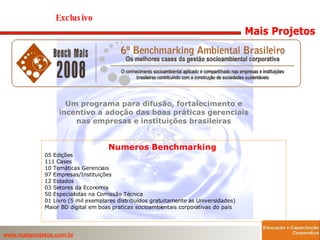 Numeros Benchmarking  05 Edições 111 Cases 10 Temáticas Gerenciais 97 Empresas/Instituições 12 Estados  03 Setores da Economia 50 Especialistas na Comissão Técnica 01 Livro (5 mil exemplares distribuídos gratuitamente as Universidades) Maior BD digital em boas praticas socioambientais corporativas do país Um programa para difusão, fortalecimento e incentivo a adoção das boas práticas gerenciais nas empresas e instituições brasileiras Exclusivo  