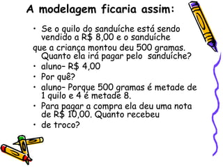 A modelagem ficaria assim:
 • Se o quilo do sanduíche está sendo
   vendido a R$ 8,00 e o sanduíche
 que a criança montou deu 500 gramas.
   Quanto ela irá pagar pelo sanduíche?
 • aluno– R$ 4,00
 • Por quê?
 • aluno– Porque 500 gramas é metade de
   1 quilo e 4 é metade 8.
 • Para pagar a compra ela deu uma nota
   de R$ 10,00. Quanto recebeu
 • de troco?
 