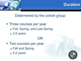 Duration
Determined by the cohort group
 Three courses per year
 Fall, Spring, and Late Spring
 3.5 years
OR
 Two courses per year
 Fall and Spring
 5.5 years
 