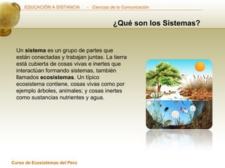 ¿Qué son los Sistemas?   Un  sistema  es un grupo de partes que están conectadas y trabajan juntas. La tierra está cubierta de cosas vivas e inertes que interactúan formando sistemas, también llamados  ecosistemas . Un típico ecosistema contiene, cosas vivas como por ejemplo árboles, animales; y cosas inertes como sustancias nutrientes y agua.  