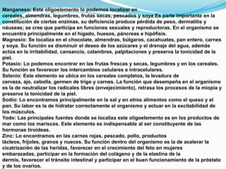 Manganeso: Este oligoelemento lo podemos localizar en
cereales, almendras, legumbres, frutas secas, pescados y soya Es parte importante en la
constitución de ciertas enzimas, su deficiencia produce pérdida de peso, dermatitis y
náuseas; se cree que participa en funciones sexuales y reproductoras. En el organismo se
encuentra principalmente en el hígado, huesos, páncreas e hipófisis.
Magnesio: Se localiza en el chocolate, almendras, búlgaros, cacahuates, pan entero, carnes
y soya. Su función es disminuir el deseo de los azúcares y el drenaje del agua, además
actúa en la irritabilidad, cansancio, calambres, palpitaciones y preserva la tonicidad de la
piel.
Potasio: Lo podemos encontrar en las frutas frescas y secas, legumbres y en los cereales.
Su función es favorecer los intercambios celulares e intracelulares.
Selenio: Este elemento se ubica en los cereales completos, la levadura de
cerveza, ajo, cebolla, germen de trigo y carnes. La función que desempeña en el organismo
es la de neutralizar los radicales libres (envejecimiento), retrasa los procesos de la miopía y
preserva la tonicidad de la piel.
Sodio: Lo encontramos principalmente en la sal y en otros alimentos como el queso y el
pan. Su labor es la de hidratar correctamente el organismo y actuar en la excitabilidad de
los músculos.
Yodo: Las principales fuentes donde se localiza este oligoelemento es en los productos de
mar como los mariscos. Este elemento es indispensable al ser constituyente de las
hormonas tiroideas.
Zinc: Lo encontramos en las carnes rojas, pescado, pollo, productos
lácteos, frijoles, granos y nueces. Su función dentro del organismo es la de acelerar la
cicatrización de las heridas, favorecer en el crecimiento del feto en mujeres
embarazadas, participar en la formación del colágeno y de la elastina de la
dermis, favorecer el tránsito intestinal y participar en el buen funcionamiento de la próstata
y de los ovarios.

 