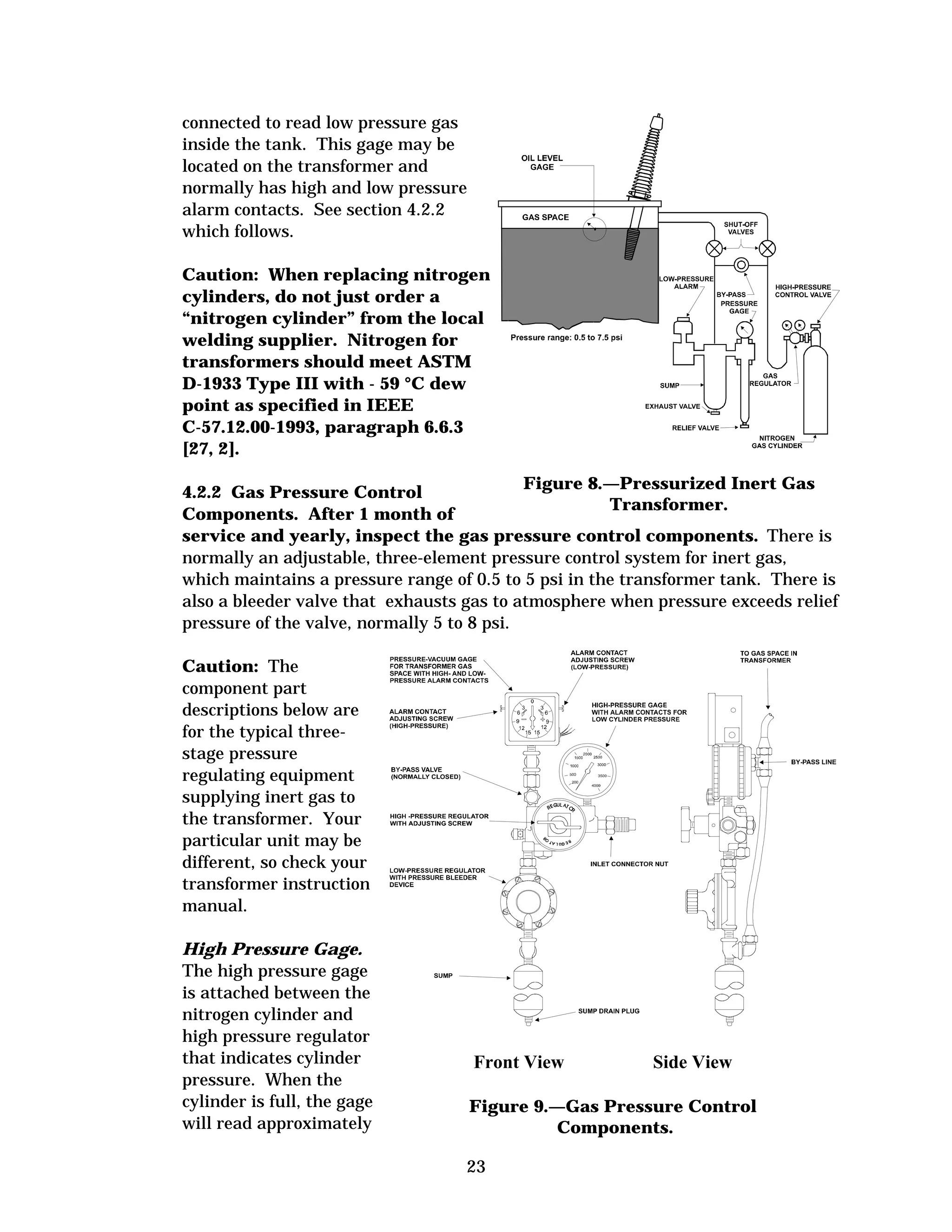 connected to read low pressure gas
inside the tank. This gage may be
located on the transformer and
normally has high and low pressure
alarm contacts. See section 4.2.2
which follows.
Caution: When replacing nitrogen
cylinders, do not just order a
“nitrogen cylinder” from the local
welding supplier. Nitrogen for
transformers should meet ASTM
D-1933 Type III with - 59 °C dew
point as specified in IEEE
C-57.12.00-1993, paragraph 6.6.3
[27, 2].
Figure 8.—Pressurized Inert Gas
4.2.2 Gas Pressure Control
Transformer.
Components. After 1 month of
service and yearly, inspect the gas pressure control components. There is
normally an adjustable, three-element pressure control system for inert gas,
which maintains a pressure range of 0.5 to 5 psi in the transformer tank. There is
also a bleeder valve that exhausts gas to atmosphere when pressure exceeds relief
pressure of the valve, normally 5 to 8 psi.
Caution: The
component part
descriptions below are
for the typical threestage pressure
regulating equipment
supplying inert gas to
the transformer. Your
particular unit may be
different, so check your
transformer instruction
manual.
High Pressure Gage.
The high pressure gage
is attached between the
nitrogen cylinder and
high pressure regulator
that indicates cylinder
pressure. When the
cylinder is full, the gage
will read approximately

Front View

Side View

Figure 9.—Gas Pressure Control
Components.
23

 