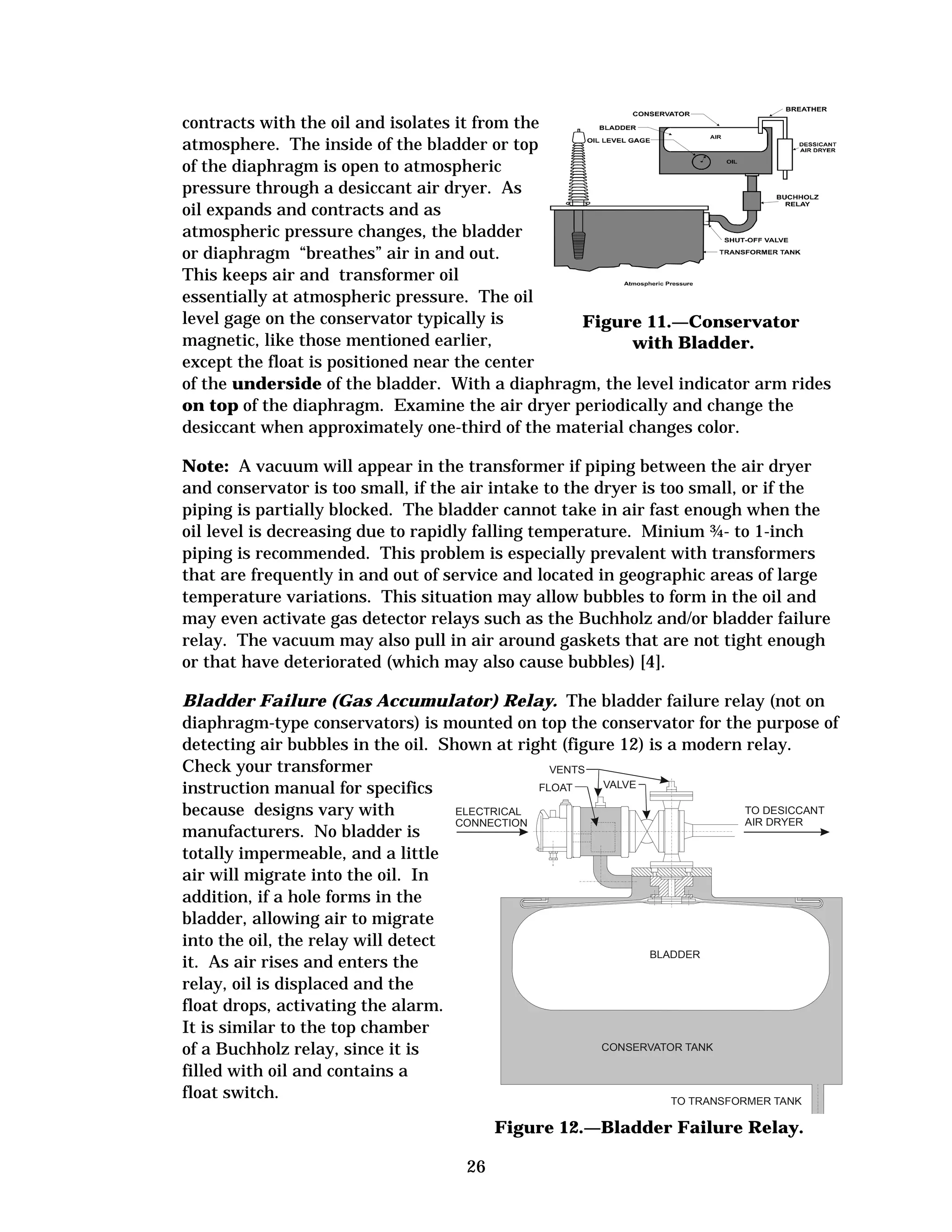contracts with the oil and isolates it from the
atmosphere. The inside of the bladder or top
of the diaphragm is open to atmospheric
pressure through a desiccant air dryer. As
oil expands and contracts and as
atmospheric pressure changes, the bladder
or diaphragm “breathes” air in and out.
This keeps air and transformer oil
essentially at atmospheric pressure. The oil
level gage on the conservator typically is
Figure 11.—Conservator
magnetic, like those mentioned earlier,
with Bladder.
except the float is positioned near the center
of the underside of the bladder. With a diaphragm, the level indicator arm rides
on top of the diaphragm. Examine the air dryer periodically and change the
desiccant when approximately one-third of the material changes color.
Note: A vacuum will appear in the transformer if piping between the air dryer
and conservator is too small, if the air intake to the dryer is too small, or if the
piping is partially blocked. The bladder cannot take in air fast enough when the
oil level is decreasing due to rapidly falling temperature. Minium ¾- to 1-inch
piping is recommended. This problem is especially prevalent with transformers
that are frequently in and out of service and located in geographic areas of large
temperature variations. This situation may allow bubbles to form in the oil and
may even activate gas detector relays such as the Buchholz and/or bladder failure
relay. The vacuum may also pull in air around gaskets that are not tight enough
or that have deteriorated (which may also cause bubbles) [4].
Bladder Failure (Gas Accumulator) Relay. The bladder failure relay (not on
diaphragm-type conservators) is mounted on top the conservator for the purpose of
detecting air bubbles in the oil. Shown at right (figure 12) is a modern relay.
Check your transformer
VENTS
VALVE
FLOAT
instruction manual for specifics
TO DESICCANT
ELECTRICAL
because designs vary with
AIR DRYER
CONNECTION
manufacturers. No bladder is
totally impermeable, and a little
air will migrate into the oil. In
addition, if a hole forms in the
bladder, allowing air to migrate
into the oil, the relay will detect
BLADDER
it. As air rises and enters the
relay, oil is displaced and the
float drops, activating the alarm.
It is similar to the top chamber
CONSERVATOR TANK
of a Buchholz relay, since it is
filled with oil and contains a
float switch.
TO TRANSFORMER TANK
Figure 12.—Bladder Failure Relay.
26

 