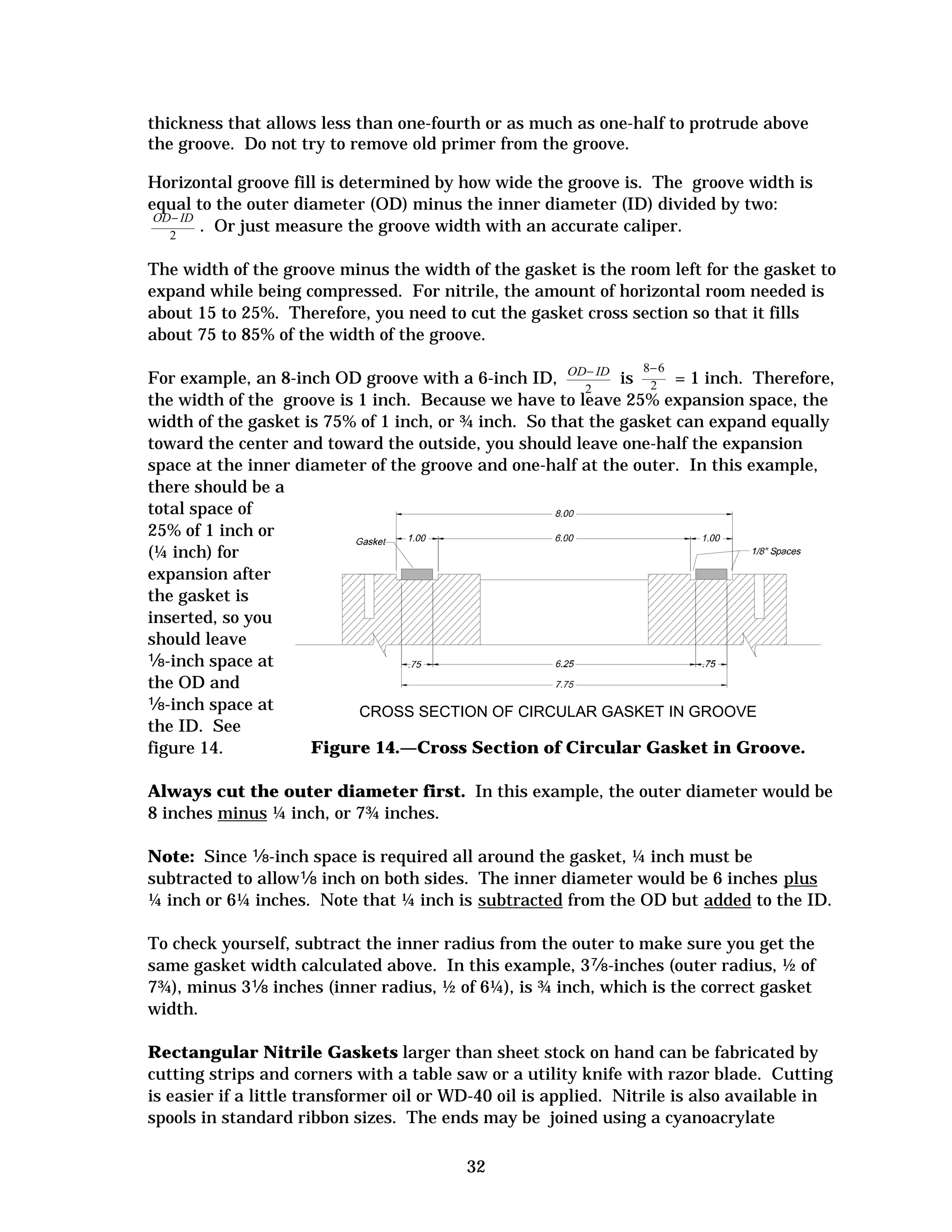 thickness that allows less than one-fourth or as much as one-half to protrude above
the groove. Do not try to remove old primer from the groove.
Horizontal groove fill is determined by how wide the groove is. The groove width is
equal to the outer diameter (OD) minus the inner diameter (ID) divided by two:
OD− ID
. Or just measure the groove width with an accurate caliper.
2
The width of the groove minus the width of the gasket is the room left for the gasket to
expand while being compressed. For nitrile, the amount of horizontal room needed is
about 15 to 25%. Therefore, you need to cut the gasket cross section so that it fills
about 75 to 85% of the width of the groove.
8− 6

For example, an 8-inch OD groove with a 6-inch ID, OD− ID is 2 = 1 inch. Therefore,
2
the width of the groove is 1 inch. Because we have to leave 25% expansion space, the
width of the gasket is 75% of 1 inch, or ¾ inch. So that the gasket can expand equally
toward the center and toward the outside, you should leave one-half the expansion
space at the inner diameter of the groove and one-half at the outer. In this example,
there should be a
total space of
25% of 1 inch or
(¼ inch) for
expansion after
the gasket is
inserted, so you
should leave
�-inch space at
the OD and
�-inch space at
CROSS SECTION OF CIRCULAR GASKET IN GROOVE
the ID. See
Figure 14.—Cross Section of Circular Gasket in Groove.
figure 14.
Always cut the outer diameter first. In this example, the outer diameter would be
8 inches minus ¼ inch, or 7¾ inches.
Note: Since �-inch space is required all around the gasket, ¼ inch must be
subtracted to allow� inch on both sides. The inner diameter would be 6 inches plus
¼ inch or 6¼ inches. Note that ¼ inch is subtracted from the OD but added to the ID.
To check yourself, subtract the inner radius from the outer to make sure you get the
same gasket width calculated above. In this example, 3 �-inches (outer radius, ½ of
7¾), minus 3� inches (inner radius, ½ of 6¼), is ¾ inch, which is the correct gasket
width.
Rectangular Nitrile Gaskets larger than sheet stock on hand can be fabricated by
cutting strips and corners with a table saw or a utility knife with razor blade. Cutting
is easier if a little transformer oil or WD-40 oil is applied. Nitrile is also available in
spools in standard ribbon sizes. The ends may be joined using a cyanoacrylate
32


 