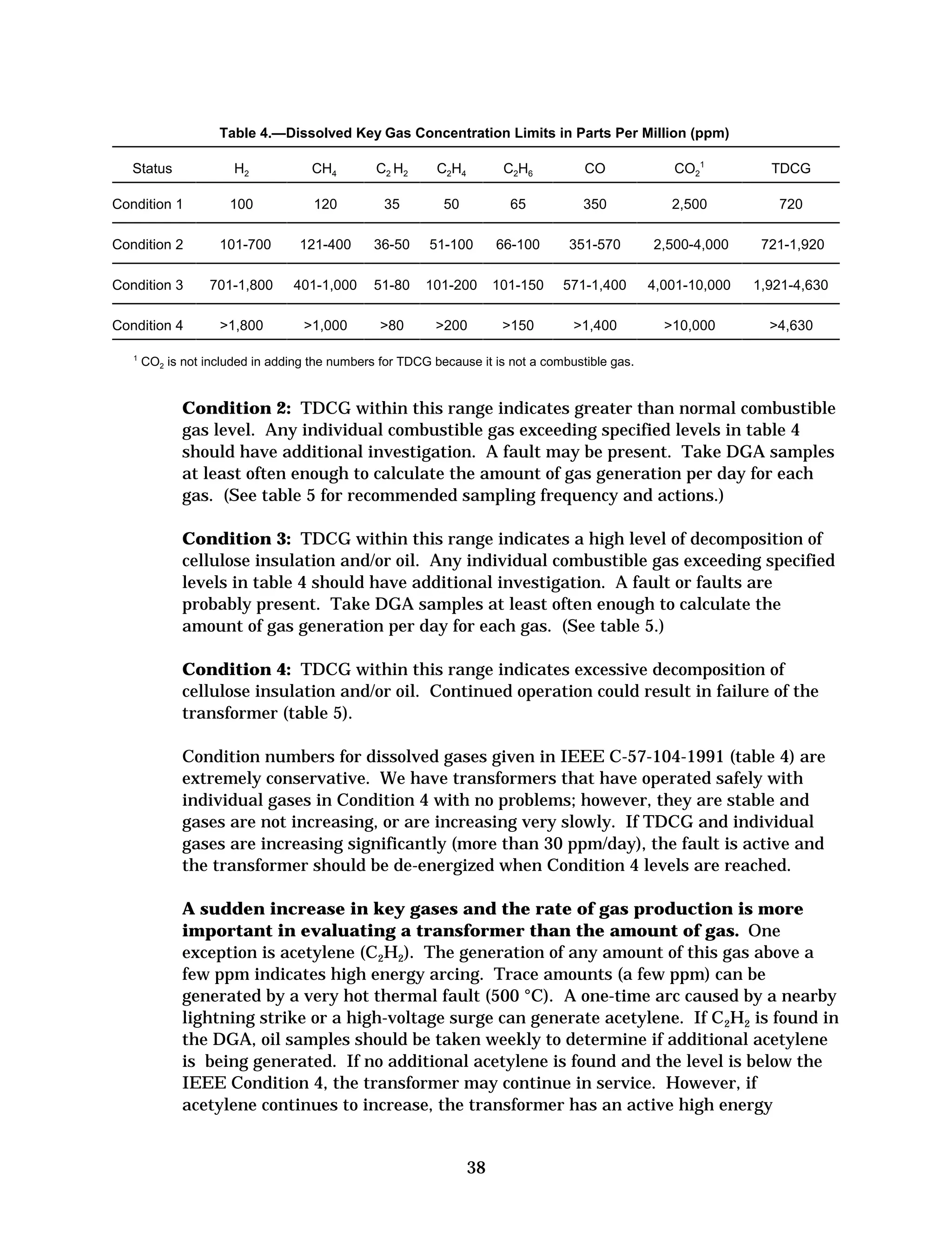 Table 4.—Dissolved Key Gas Concentration Limits in Parts Per Million (ppm)
H2

CH4

C2 H2

C2H4

C2H6

CO

CO21

TDCG

Condition 1

100

120

35

50

65

350

2,500

720

Condition 2

101-700

121-400

36-50

51-100

66-100

351-570

2,500-4,000

721-1,920

Condition 3

701-1,800

401-1,000

51-80

101-200

101-150

571-1,400

4,001-10,000

1,921-4,630

Condition 4

1,800

1,000

80

200

150

1,400

10,000

4,630

Status

1

CO2 is not included in adding the numbers for TDCG because it is not a combustible gas.

Condition 2: TDCG within this range indicates greater than normal combustible
gas level. Any individual combustible gas exceeding specified levels in table 4
should have additional investigation. A fault may be present. Take DGA samples
at least often enough to calculate the amount of gas generation per day for each
gas. (See table 5 for recommended sampling frequency and actions.)
Condition 3: TDCG within this range indicates a high level of decomposition of
cellulose insulation and/or oil. Any individual combustible gas exceeding specified
levels in table 4 should have additional investigation. A fault or faults are
probably present. Take DGA samples at least often enough to calculate the
amount of gas generation per day for each gas. (See table 5.)
Condition 4: TDCG within this range indicates excessive decomposition of
cellulose insulation and/or oil. Continued operation could result in failure of the
transformer (table 5).
Condition numbers for dissolved gases given in IEEE C-57-104-1991 (table 4) are
extremely conservative. We have transformers that have operated safely with
individual gases in Condition 4 with no problems; however, they are stable and
gases are not increasing, or are increasing very slowly. If TDCG and individual
gases are increasing significantly (more than 30 ppm/day), the fault is active and
the transformer should be de-energized when Condition 4 levels are reached.
A sudden increase in key gases and the rate of gas production is more
important in evaluating a transformer than the amount of gas. One
exception is acetylene (C2H2). The generation of any amount of this gas above a
few ppm indicates high energy arcing. Trace amounts (a few ppm) can be
generated by a very hot thermal fault (500 °C). A one-time arc caused by a nearby
lightning strike or a high-voltage surge can generate acetylene. If C2H2 is found in
the DGA, oil samples should be taken weekly to determine if additional acetylene
is being generated. If no additional acetylene is found and the level is below the
IEEE Condition 4, the transformer may continue in service. However, if
acetylene continues to increase, the transformer has an active high energy

38


 