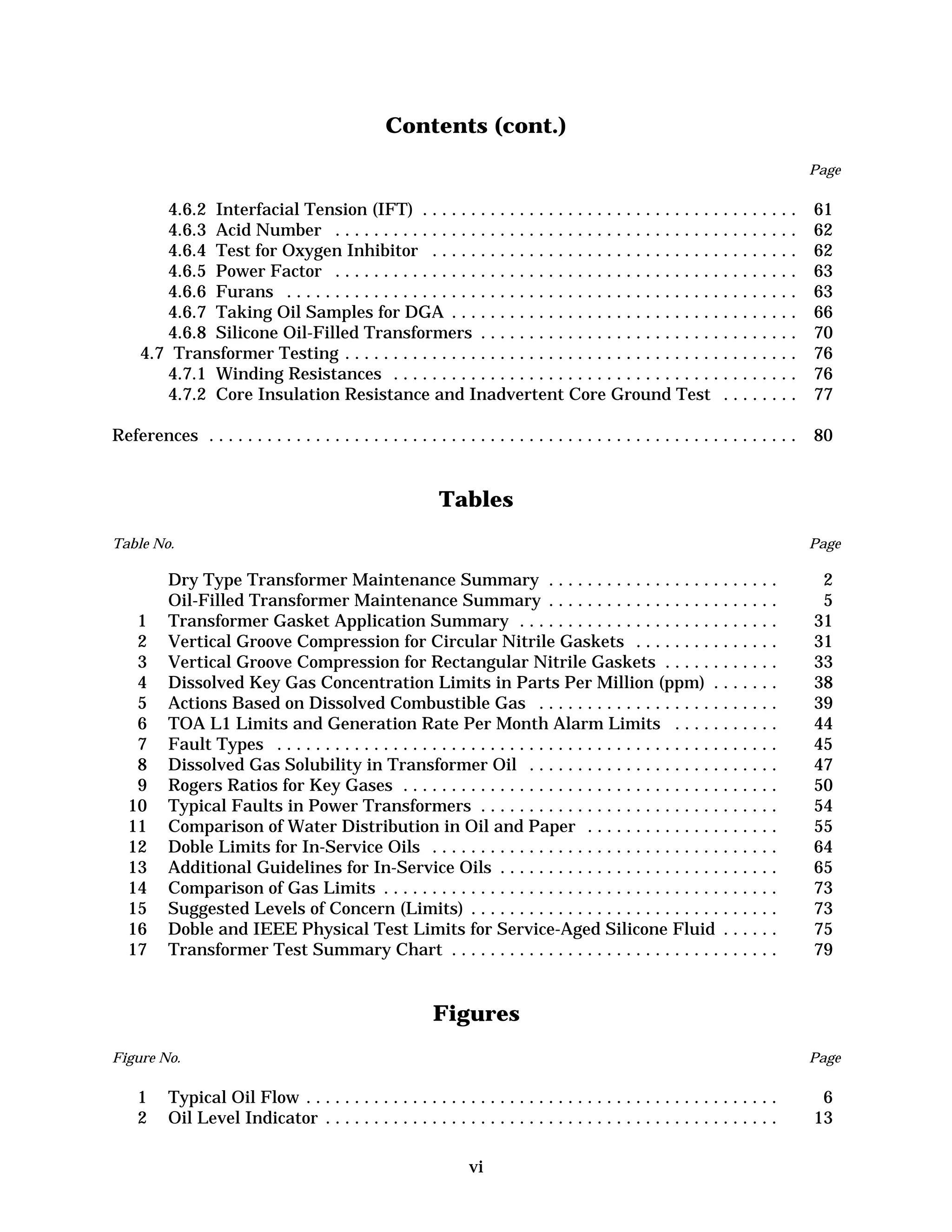 Contents (cont.)
Page

4.6.2 Interfacial Tension (IFT) . . . . . . . . . . . . . . . . . . . . . . . . . . . . . . . . . . . . . . .
4.6.3 Acid Number . . . . . . . . . . . . . . . . . . . . . . . . . . . . . . . . . . . . . . . . . . . . . . . .
4.6.4 Test for Oxygen Inhibitor . . . . . . . . . . . . . . . . . . . . . . . . . . . . . . . . . . . . . .
4.6.5 Power Factor . . . . . . . . . . . . . . . . . . . . . . . . . . . . . . . . . . . . . . . . . . . . . . . .
4.6.6 Furans . . . . . . . . . . . . . . . . . . . . . . . . . . . . . . . . . . . . . . . . . . . . . . . . . . . . .
4.6.7 Taking Oil Samples for DGA . . . . . . . . . . . . . . . . . . . . . . . . . . . . . . . . . . . .
4.6.8 Silicone Oil-Filled Transformers . . . . . . . . . . . . . . . . . . . . . . . . . . . . . . . . .
4.7 Transformer Testing . . . . . . . . . . . . . . . . . . . . . . . . . . . . . . . . . . . . . . . . . . . . . . .
4.7.1 Winding Resistances . . . . . . . . . . . . . . . . . . . . . . . . . . . . . . . . . . . . . . . . . .
4.7.2 Core Insulation Resistance and Inadvertent Core Ground Test . . . . . . . .

61 

62 

62 

63 

63 

66 

70 

76 

76 

77 


References . . . . . . . . . . . . . . . . . . . . . . . . . . . . . . . . . . . . . . . . . . . . . . . . . . . . . . . . . . . . .

80 


Tables
Table No.

1
2
3
4
5
6
7
8
9
10
11
12
13
14
15
16
17

Page

Dry Type Transformer Maintenance Summary . . . . . . . . . . . . . . . . . . . . . . . .
Oil-Filled Transformer Maintenance Summary . . . . . . . . . . . . . . . . . . . . . . . .
Transformer Gasket Application Summary . . . . . . . . . . . . . . . . . . . . . . . . . . .
Vertical Groove Compression for Circular Nitrile Gaskets . . . . . . . . . . . . . . .
Vertical Groove Compression for Rectangular Nitrile Gaskets . . . . . . . . . . . .
Dissolved Key Gas Concentration Limits in Parts Per Million (ppm) . . . . . . .
Actions Based on Dissolved Combustible Gas . . . . . . . . . . . . . . . . . . . . . . . . .
TOA L1 Limits and Generation Rate Per Month Alarm Limits . . . . . . . . . . .
Fault Types . . . . . . . . . . . . . . . . . . . . . . . . . . . . . . . . . . . . . . . . . . . . . . . . . . . .
Dissolved Gas Solubility in Transformer Oil . . . . . . . . . . . . . . . . . . . . . . . . . .
Rogers Ratios for Key Gases . . . . . . . . . . . . . . . . . . . . . . . . . . . . . . . . . . . . . . .
Typical Faults in Power Transformers . . . . . . . . . . . . . . . . . . . . . . . . . . . . . . .
Comparison of Water Distribution in Oil and Paper . . . . . . . . . . . . . . . . . . . .
Doble Limits for In-Service Oils . . . . . . . . . . . . . . . . . . . . . . . . . . . . . . . . . . . .
Additional Guidelines for In-Service Oils . . . . . . . . . . . . . . . . . . . . . . . . . . . . .
Comparison of Gas Limits . . . . . . . . . . . . . . . . . . . . . . . . . . . . . . . . . . . . . . . . .
Suggested Levels of Concern (Limits) . . . . . . . . . . . . . . . . . . . . . . . . . . . . . . . .
Doble and IEEE Physical Test Limits for Service-Aged Silicone Fluid . . . . . .
Transformer Test Summary Chart . . . . . . . . . . . . . . . . . . . . . . . . . . . . . . . . . .

2

5

31 

31 

33 

38 

39 

44 

45 

47 

50 

54 

55 

64 

65 

73 

73 

75 

79 


Figures
Figure No.

Page

1
2

6

13 


Typical Oil Flow . . . . . . . . . . . . . . . . . . . . . . . . . . . . . . . . . . . . . . . . . . . . . . . . .
Oil Level Indicator . . . . . . . . . . . . . . . . . . . . . . . . . . . . . . . . . . . . . . . . . . . . . . .
vi

 