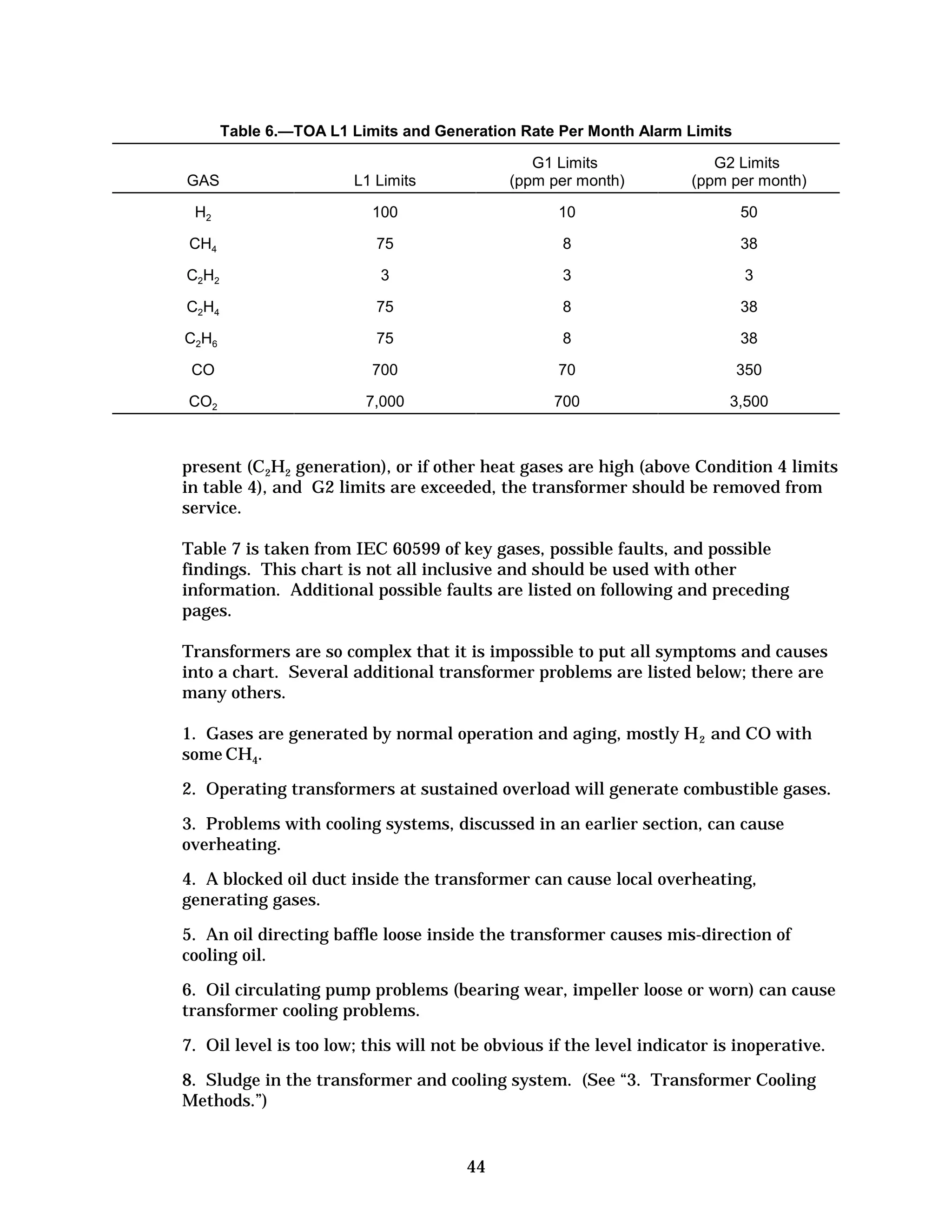 Table 6.—TOA L1 Limits and Generation Rate Per Month Alarm Limits
GAS

L1 Limits

G1 Limits
(ppm per month)

G2 Limits
(ppm per month)

H2

100

10

50

CH4

75

8

38

C2 H2

3

3

3

C2 H4

75

8

38

C 2 H6

75

8

38

CO

700

70

350

CO2

7,000

700

3,500

present (C2H2 generation), or if other heat gases are high (above Condition 4 limits
in table 4), and G2 limits are exceeded, the transformer should be removed from
service.
Table 7 is taken from IEC 60599 of key gases, possible faults, and possible
findings. This chart is not all inclusive and should be used with other
information. Additional possible faults are listed on following and preceding
pages.
Transformers are so complex that it is impossible to put all symptoms and causes
into a chart. Several additional transformer problems are listed below; there are
many others.
1. Gases are generated by normal operation and aging, mostly H 2 and CO with
some CH4.
2. Operating transformers at sustained overload will generate combustible gases.
3. Problems with cooling systems, discussed in an earlier section, can cause
overheating.
4. A blocked oil duct inside the transformer can cause local overheating,
generating gases.
5. An oil directing baffle loose inside the transformer causes mis-direction of
cooling oil.
6. Oil circulating pump problems (bearing wear, impeller loose or worn) can cause
transformer cooling problems.
7. Oil level is too low; this will not be obvious if the level indicator is inoperative.
8. Sludge in the transformer and cooling system. (See “3. Transformer Cooling
Methods.”)

44


 