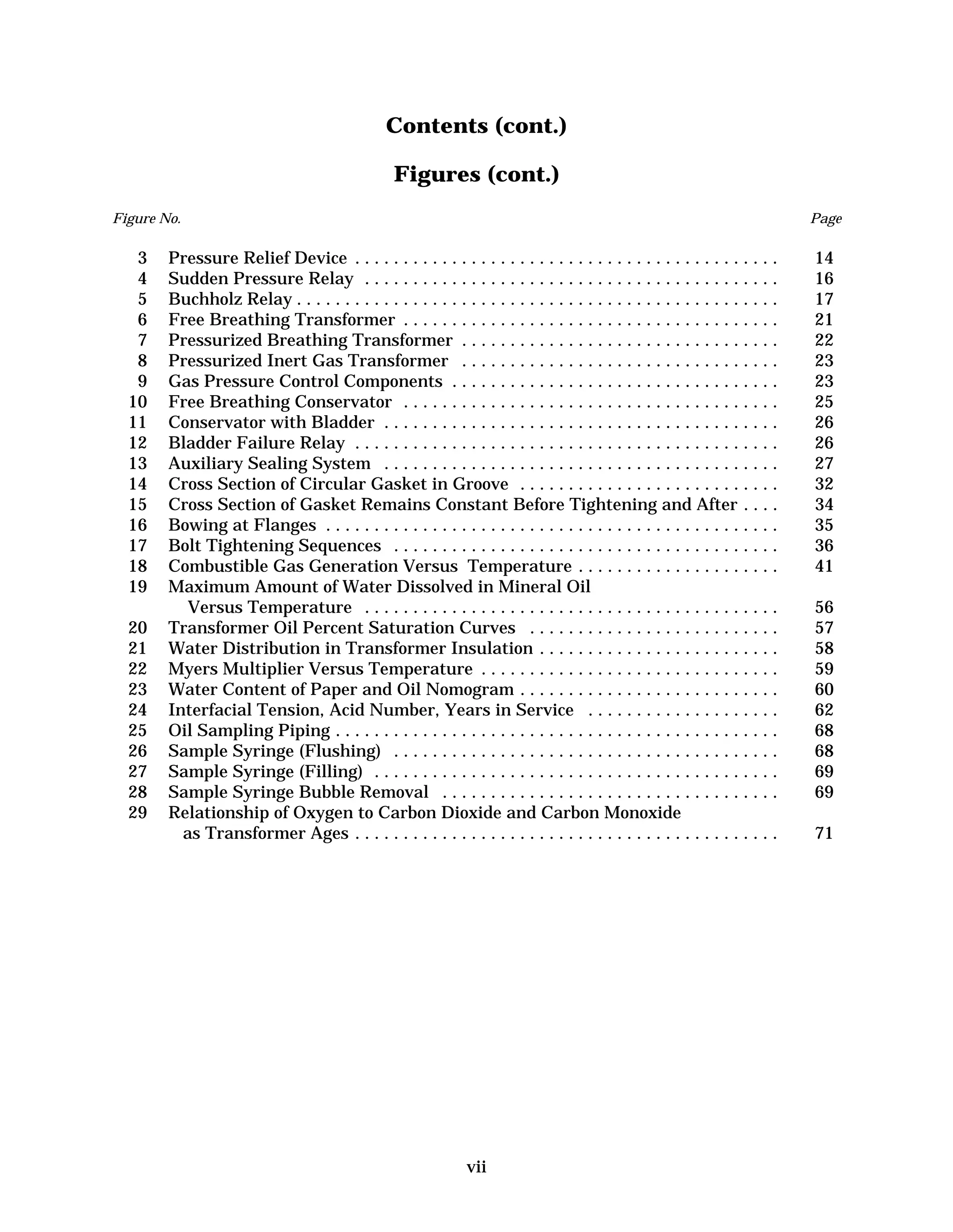 Contents (cont.)
Figures (cont.)
Figure No.

3
4
5
6
7
8
9
10
11
12
13
14
15
16
17
18
19
20
21
22
23
24
25
26
27
28
29

Page

Pressure Relief Device . . . . . . . . . . . . . . . . . . . . . . . . . . . . . . . . . . . . . . . . . . . .
Sudden Pressure Relay . . . . . . . . . . . . . . . . . . . . . . . . . . . . . . . . . . . . . . . . . . .
Buchholz Relay . . . . . . . . . . . . . . . . . . . . . . . . . . . . . . . . . . . . . . . . . . . . . . . . . .
Free Breathing Transformer . . . . . . . . . . . . . . . . . . . . . . . . . . . . . . . . . . . . . . .
Pressurized Breathing Transformer . . . . . . . . . . . . . . . . . . . . . . . . . . . . . . . . .
Pressurized Inert Gas Transformer . . . . . . . . . . . . . . . . . . . . . . . . . . . . . . . . .
Gas Pressure Control Components . . . . . . . . . . . . . . . . . . . . . . . . . . . . . . . . . .
Free Breathing Conservator . . . . . . . . . . . . . . . . . . . . . . . . . . . . . . . . . . . . . . .
Conservator with Bladder . . . . . . . . . . . . . . . . . . . . . . . . . . . . . . . . . . . . . . . . .
Bladder Failure Relay . . . . . . . . . . . . . . . . . . . . . . . . . . . . . . . . . . . . . . . . . . . .
Auxiliary Sealing System . . . . . . . . . . . . . . . . . . . . . . . . . . . . . . . . . . . . . . . . .
Cross Section of Circular Gasket in Groove . . . . . . . . . . . . . . . . . . . . . . . . . . .
Cross Section of Gasket Remains Constant Before Tightening and After . . . .
Bowing at Flanges . . . . . . . . . . . . . . . . . . . . . . . . . . . . . . . . . . . . . . . . . . . . . . .
Bolt Tightening Sequences . . . . . . . . . . . . . . . . . . . . . . . . . . . . . . . . . . . . . . . .
Combustible Gas Generation Versus Temperature . . . . . . . . . . . . . . . . . . . . .
Maximum Amount of Water Dissolved in Mineral Oil 

Versus Temperature . . . . . . . . . . . . . . . . . . . . . . . . . . . . . . . . . . . . . . . . . . .
Transformer Oil Percent Saturation Curves . . . . . . . . . . . . . . . . . . . . . . . . . .
Water Distribution in Transformer Insulation . . . . . . . . . . . . . . . . . . . . . . . . .
Myers Multiplier Versus Temperature . . . . . . . . . . . . . . . . . . . . . . . . . . . . . . .
Water Content of Paper and Oil Nomogram . . . . . . . . . . . . . . . . . . . . . . . . . . .
Interfacial Tension, Acid Number, Years in Service . . . . . . . . . . . . . . . . . . . .
Oil Sampling Piping . . . . . . . . . . . . . . . . . . . . . . . . . . . . . . . . . . . . . . . . . . . . . .
Sample Syringe (Flushing) . . . . . . . . . . . . . . . . . . . . . . . . . . . . . . . . . . . . . . . .
Sample Syringe (Filling) . . . . . . . . . . . . . . . . . . . . . . . . . . . . . . . . . . . . . . . . . .
Sample Syringe Bubble Removal . . . . . . . . . . . . . . . . . . . . . . . . . . . . . . . . . . .
Relationship of Oxygen to Carbon Dioxide and Carbon Monoxide

as Transformer Ages . . . . . . . . . . . . . . . . . . . . . . . . . . . . . . . . . . . . . . . . . . . .

vii

14 

16 

17 

21 

22 

23 

23 

25 

26 

26 

27 

32 

34 

35 

36 

41 

56 

57 

58 

59 

60 

62 

68 

68 

69 

69 

71 


 