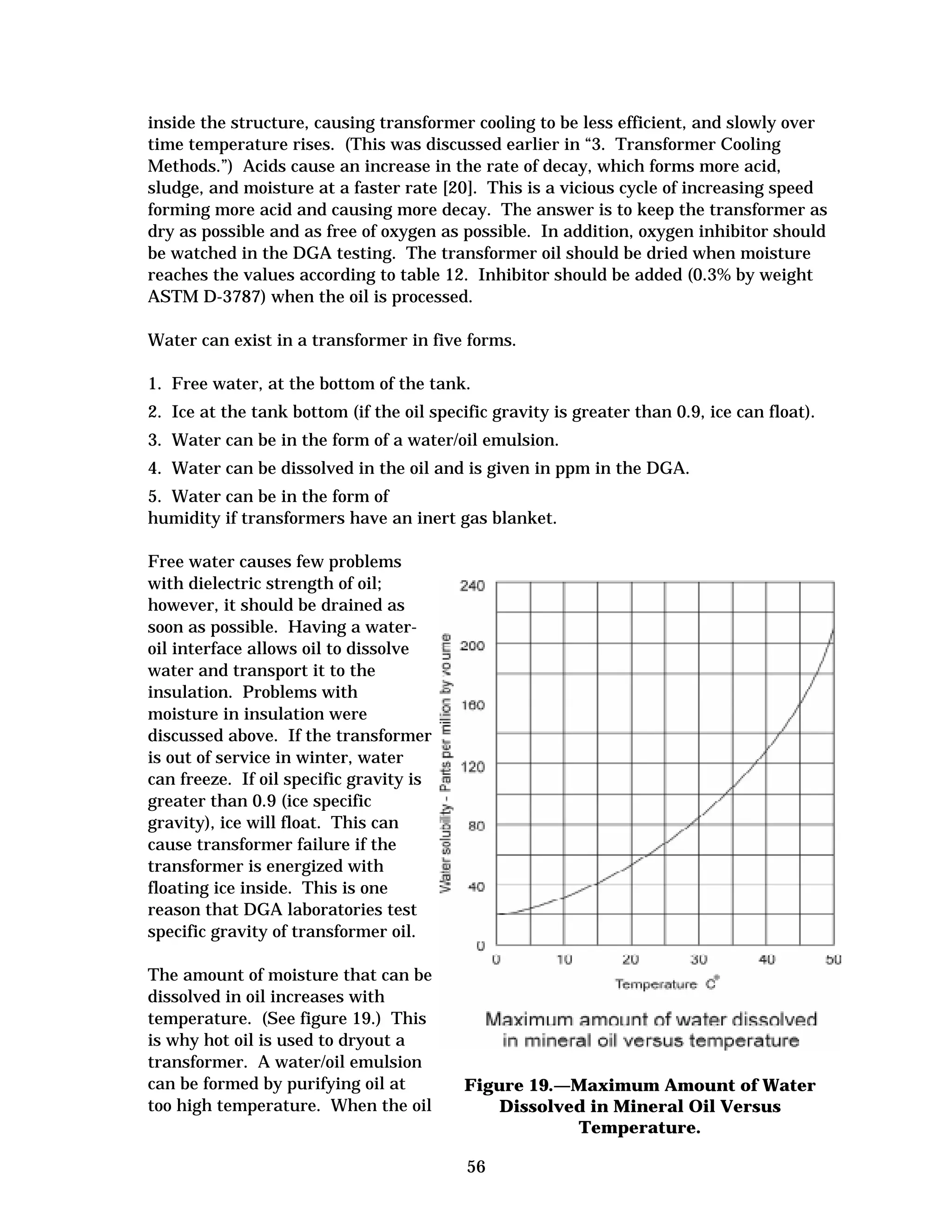 inside the structure, causing transformer cooling to be less efficient, and slowly over
time temperature rises. (This was discussed earlier in “3. Transformer Cooling
Methods.”) Acids cause an increase in the rate of decay, which forms more acid,
sludge, and moisture at a faster rate [20]. This is a vicious cycle of increasing speed
forming more acid and causing more decay. The answer is to keep the transformer as
dry as possible and as free of oxygen as possible. In addition, oxygen inhibitor should
be watched in the DGA testing. The transformer oil should be dried when moisture
reaches the values according to table 12. Inhibitor should be added (0.3% by weight
ASTM D-3787) when the oil is processed.
Water can exist in a transformer in five forms.
1. Free water, at the bottom of the tank.
2. Ice at the tank bottom (if the oil specific gravity is greater than 0.9, ice can float).
3. Water can be in the form of a water/oil emulsion.
4. Water can be dissolved in the oil and is given in ppm in the DGA.
5. Water can be in the form of
humidity if transformers have an inert gas blanket.
Free water causes few problems
with dielectric strength of oil;
however, it should be drained as
soon as possible. Having a wateroil interface allows oil to dissolve
water and transport it to the
insulation. Problems with
moisture in insulation were
discussed above. If the transformer
is out of service in winter, water
can freeze. If oil specific gravity is
greater than 0.9 (ice specific
gravity), ice will float. This can
cause transformer failure if the
transformer is energized with
floating ice inside. This is one
reason that DGA laboratories test
specific gravity of transformer oil.
The amount of moisture that can be
dissolved in oil increases with
temperature. (See figure 19.) This
is why hot oil is used to dryout a
transformer. A water/oil emulsion
can be formed by purifying oil at
too high temperature. When the oil

Figure 19.—Maximum Amount of Water
Dissolved in Mineral Oil Versus
Temperature.
56

 