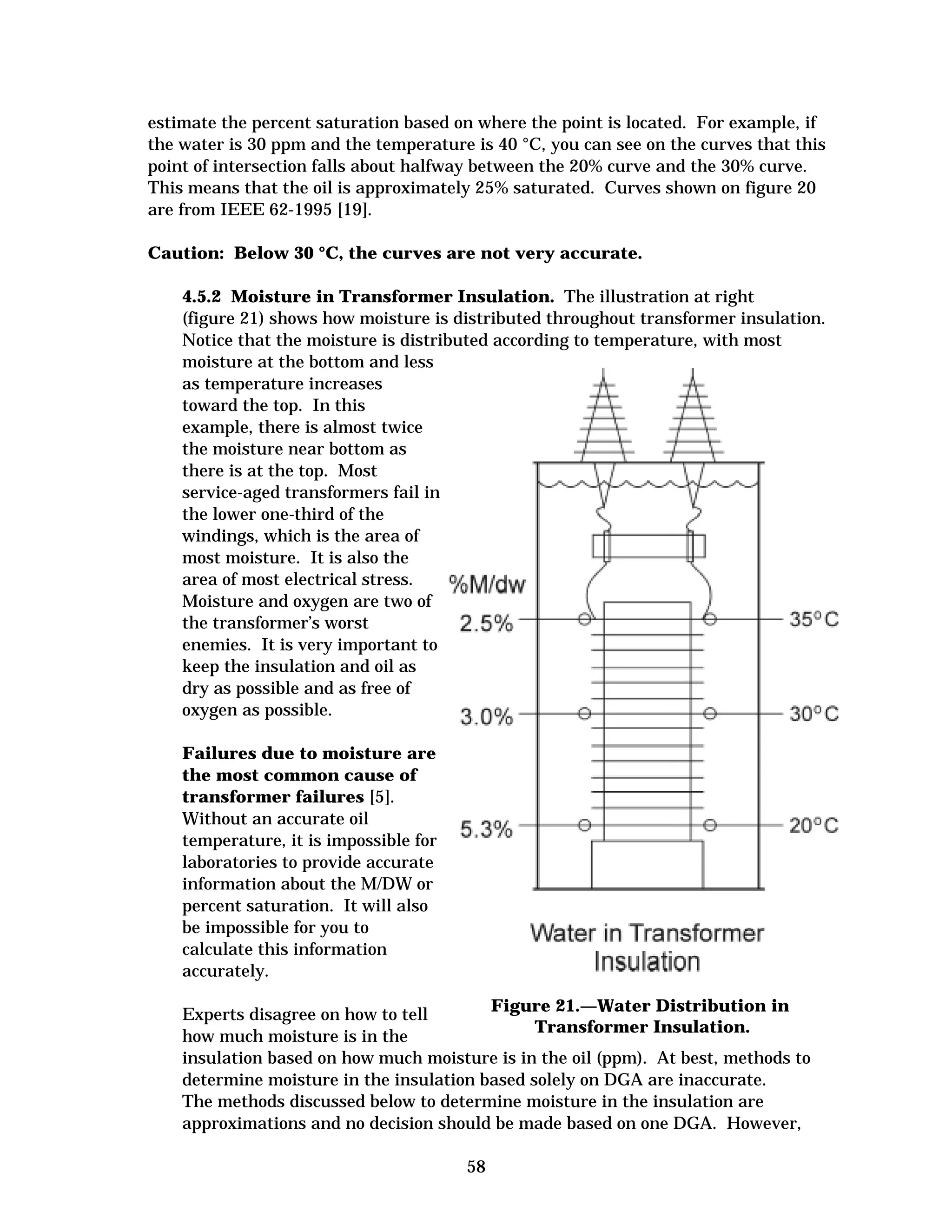 estimate the percent saturation based on where the point is located. For example, if
the water is 30 ppm and the temperature is 40 °C, you can see on the curves that this
point of intersection falls about halfway between the 20% curve and the 30% curve.
This means that the oil is approximately 25% saturated. Curves shown on figure 20
are from IEEE 62-1995 [19].
Caution: Below 30 °C, the curves are not very accurate.
4.5.2 Moisture in Transformer Insulation. The illustration at right
(figure 21) shows how moisture is distributed throughout transformer insulation.
Notice that the moisture is distributed according to temperature, with most
moisture at the bottom and less
as temperature increases
toward the top. In this
example, there is almost twice
the moisture near bottom as
there is at the top. Most
service-aged transformers fail in
the lower one-third of the
windings, which is the area of
most moisture. It is also the
area of most electrical stress.
Moisture and oxygen are two of
the transformer’s worst
enemies. It is very important to
keep the insulation and oil as
dry as possible and as free of
oxygen as possible.
Failures due to moisture are
the most common cause of
transformer failures [5].
Without an accurate oil
temperature, it is impossible for
laboratories to provide accurate
information about the M/DW or
percent saturation. It will also
be impossible for you to
calculate this information
accurately.
Figure 21.—Water Distribution in
Experts disagree on how to tell
Transformer Insulation.
how much moisture is in the
insulation based on how much moisture is in the oil (ppm). At best, methods to
determine moisture in the insulation based solely on DGA are inaccurate.
The methods discussed below to determine moisture in the insulation are
approximations and no decision should be made based on one DGA. However,
58


 