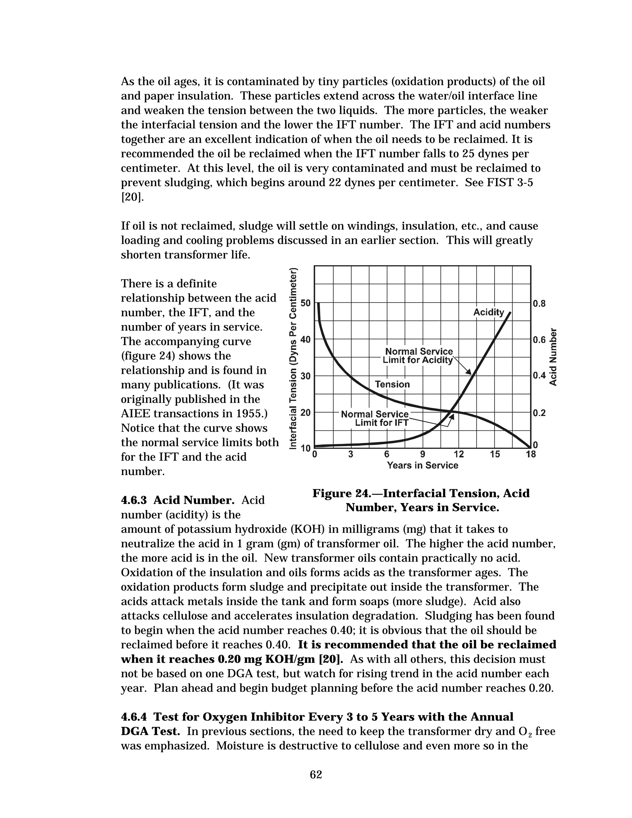 As the oil ages, it is contaminated by tiny particles (oxidation products) of the oil
and paper insulation. These particles extend across the water/oil interface line
and weaken the tension between the two liquids. The more particles, the weaker
the interfacial tension and the lower the IFT number. The IFT and acid numbers
together are an excellent indication of when the oil needs to be reclaimed. It is
recommended the oil be reclaimed when the IFT number falls to 25 dynes per
centimeter. At this level, the oil is very contaminated and must be reclaimed to
prevent sludging, which begins around 22 dynes per centimeter. See FIST 3-5
[20].
If oil is not reclaimed, sludge will settle on windings, insulation, etc., and cause
loading and cooling problems discussed in an earlier section. This will greatly
shorten transformer life.
There is a definite
relationship between the acid
number, the IFT, and the
number of years in service.
The accompanying curve
(figure 24) shows the
relationship and is found in
many publications. (It was
originally published in the
AIEE transactions in 1955.)
Notice that the curve shows
the normal service limits both
for the IFT and the acid
number.
Figure 24.—Interfacial Tension, Acid
4.6.3 Acid Number. Acid
Number, Years in Service.
number (acidity) is the
amount of potassium hydroxide (KOH) in milligrams (mg) that it takes to
neutralize the acid in 1 gram (gm) of transformer oil. The higher the acid number,
the more acid is in the oil. New transformer oils contain practically no acid.
Oxidation of the insulation and oils forms acids as the transformer ages. The
oxidation products form sludge and precipitate out inside the transformer. The
acids attack metals inside the tank and form soaps (more sludge). Acid also
attacks cellulose and accelerates insulation degradation. Sludging has been found
to begin when the acid number reaches 0.40; it is obvious that the oil should be
reclaimed before it reaches 0.40. It is recommended that the oil be reclaimed
when it reaches 0.20 mg KOH/gm [20]. As with all others, this decision must
not be based on one DGA test, but watch for rising trend in the acid number each
year. Plan ahead and begin budget planning before the acid number reaches 0.20.
4.6.4 Test for Oxygen Inhibitor Every 3 to 5 Years with the Annual
DGA Test. In previous sections, the need to keep the transformer dry and O 2 free
was emphasized. Moisture is destructive to cellulose and even more so in the
62


 