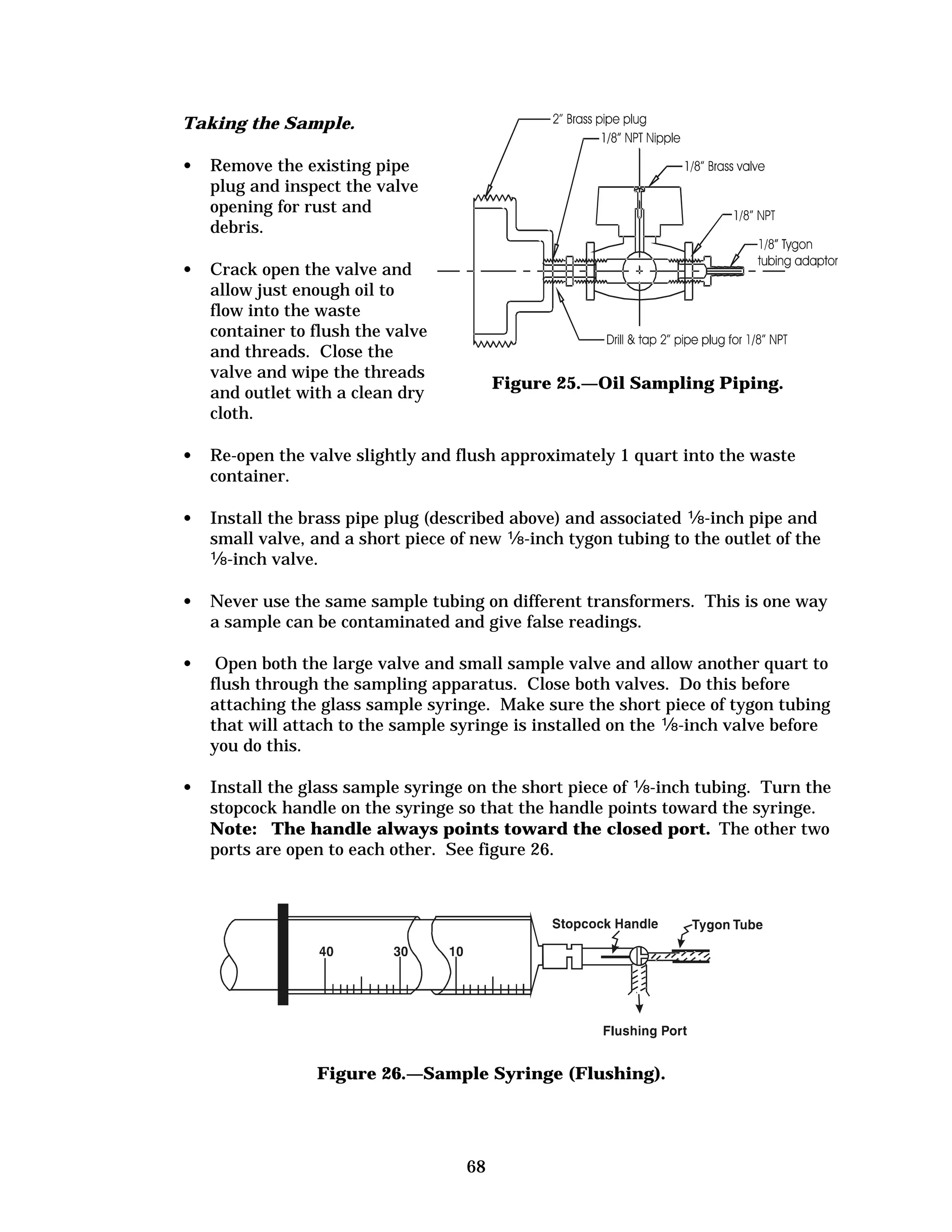 Taking the Sample.
•	 Remove the existing pipe
plug and inspect the valve
opening for rust and
debris.
•	 Crack open the valve and
allow just enough oil to
flow into the waste
container to flush the valve
and threads. Close the
valve and wipe the threads
and outlet with a clean dry
cloth.

Figure 25.—Oil Sampling Piping.

•	 Re-open the valve slightly and flush approximately 1 quart into the waste
container.
•	 Install the brass pipe plug (described above) and associated �-inch pipe and
small valve, and a short piece of new �-inch tygon tubing to the outlet of the
�-inch valve.
•	 Never use the same sample tubing on different transformers. This is one way
a sample can be contaminated and give false readings.
•	

Open both the large valve and small sample valve and allow another quart to
flush through the sampling apparatus. Close both valves. Do this before
attaching the glass sample syringe. Make sure the short piece of tygon tubing
that will attach to the sample syringe is installed on the �-inch valve before
you do this.

•	 Install the glass sample syringe on the short piece of �-inch tubing. Turn the
stopcock handle on the syringe so that the handle points toward the syringe.
Note: The handle always points toward the closed port. The other two
ports are open to each other. See figure 26.

Figure 26.—Sample Syringe (Flushing).

68

 