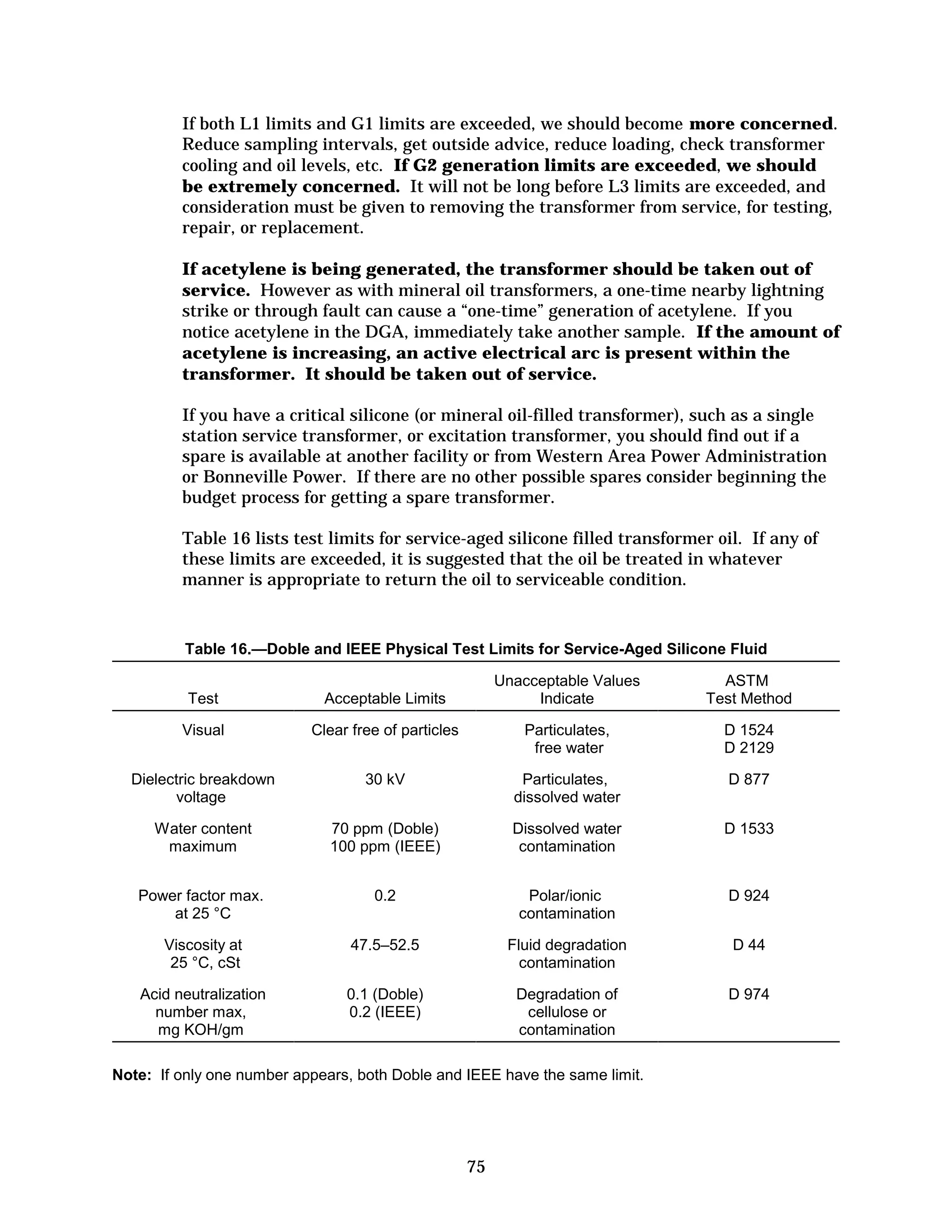 If both L1 limits and G1 limits are exceeded, we should become more concerned.
Reduce sampling intervals, get outside advice, reduce loading, check transformer
cooling and oil levels, etc. If G2 generation limits are exceeded, we should
be extremely concerned. It will not be long before L3 limits are exceeded, and
consideration must be given to removing the transformer from service, for testing,
repair, or replacement.
If acetylene is being generated, the transformer should be taken out of
service. However as with mineral oil transformers, a one-time nearby lightning
strike or through fault can cause a “one-time” generation of acetylene. If you
notice acetylene in the DGA, immediately take another sample. If the amount of
acetylene is increasing, an active electrical arc is present within the
transformer. It should be taken out of service.
If you have a critical silicone (or mineral oil-filled transformer), such as a single
station service transformer, or excitation transformer, you should find out if a
spare is available at another facility or from Western Area Power Administration
or Bonneville Power. If there are no other possible spares consider beginning the
budget process for getting a spare transformer.
Table 16 lists test limits for service-aged silicone filled transformer oil. If any of
these limits are exceeded, it is suggested that the oil be treated in whatever
manner is appropriate to return the oil to serviceable condition.

Table 16.—Doble and IEEE Physical Test Limits for Service-Aged Silicone Fluid
Unacceptable Values
Indicate

ASTM
Test Method

Clear free of particles

Particulates,
free water

D 1524
D 2129

Dielectric breakdown
voltage

30 kV

Particulates,
dissolved water

D 877

Water content
maximum

70 ppm (Doble)
100 ppm (IEEE)

Dissolved water
contamination

D 1533

Power factor max.
at 25 °C

0.2

Polar/ionic
contamination

D 924

Viscosity at
25 °C, cSt

47.5–52.5

Fluid degradation
contamination

D 44

Acid neutralization
number max,
mg KOH/gm

0.1 (Doble)
0.2 (IEEE)

Degradation of
cellulose or
contamination

D 974

Test

Acceptable Limits

Visual

Note: If only one number appears, both Doble and IEEE have the same limit.

75

 