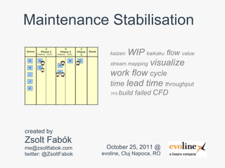 Maintenance Stabilisation

                          kaizen WIP kaikaku flow value
                          stream mapping visualize
                          work flow cycle
                          time lead time throughput
                          TPS   build failed CFD




created by
Zsolt Fabók
me@zsoltfabok.com       October 25, 2011 @
twitter: @ZsoltFabok   evoline, Cluj Napoca, RO
 