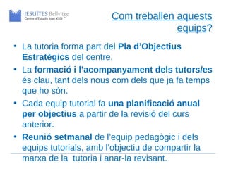 Com treballen aquests
                                      equips?
• La tutoria forma part del Pla d’Objectius
  Estratègics del centre.
• La formació i l’acompanyament dels tutors/es
  és clau, tant dels nous com dels que ja fa temps
  que ho són.
• Cada equip tutorial fa una planificació anual
  per objectius a partir de la revisió del curs
  anterior.
• Reunió setmanal de l’equip pedagògic i dels
  equips tutorials, amb l’objectiu de compartir la
  marxa de la tutoria i anar-la revisant.
 