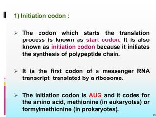 1) Initiation codon :
 The codon which starts the translation
process is known as start codon. It is also
known as initiation codon because it initiates
the synthesis of polypeptide chain.
 It is the first codon of a messenger RNA
transcript translated by a ribosome.
 The initiation codon is AUG and it codes for
the amino acid, methionine (in eukaryotes) or
formylmethionine (in prokaryotes).
29
 