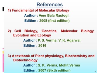References
1) Fundamental of Molecular Biology
Author : Veer Bala Rastogi
Edition : 2008 (first edition)
2) Cell Biology, Genetics, Molecular Biology,
Evolution and Ecology
Author : P. S. Verma, V. K. Agarwal
Edition : 2016
3) A textbook of Plant physiology, Biochemistry and
Biotechnology
Author : S. K. Verma, Mohit Verma
Edition : 2007 (Sixth edition) 46
 