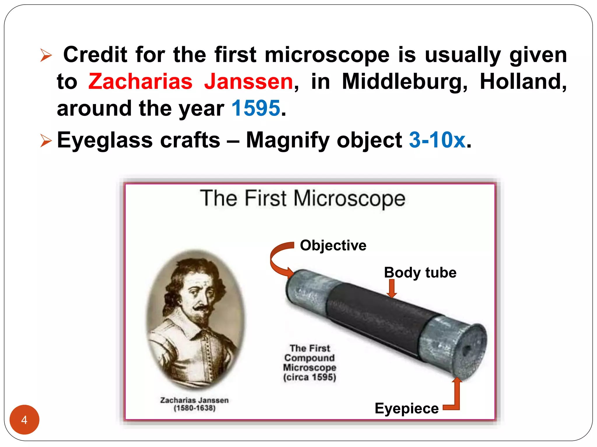 4
 Credit for the first microscope is usually given
to Zacharias Janssen, in Middleburg, Holland,
around the year 1595.
Eyeglass crafts – Magnify object 3-10x.
Objective
Body tube
Eyepiece
 