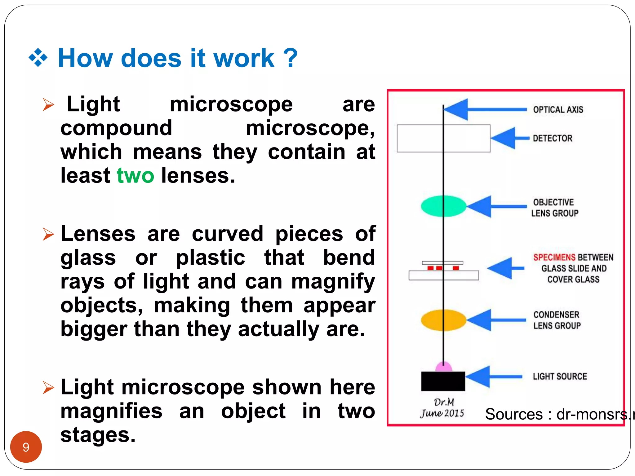  How does it work ?
9
 Light microscope are
compound microscope,
which means they contain at
least two lenses.
 Lenses are curved pieces of
glass or plastic that bend
rays of light and can magnify
objects, making them appear
bigger than they actually are.
 Light microscope shown here
magnifies an object in two
stages.
Sources : dr-monsrs.n
 
