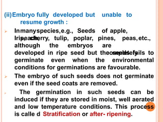 (ii)Embryo fully developed but unable to
resume growth :
 Inmanyspecies,e.g., Seeds of apple,
peach,
Iris, cherry, tulip, poplar,
although the embryos
pines, peas,etc.,
are
completely
developed in ripe seed but the seeds fails to
germinate even when the environmental
conditions for germinations are favourable.
 The embryo of such seeds does not germinate
even if the seed coats are removed.
 The germination in such seeds can be
induced if they are stored in moist, well aerated
and low temperature conditions. This process
is calle2d3 Stratification or after- ripening.
 
