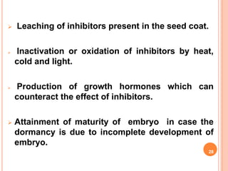  Leaching of inhibitors present in the seed coat.
 Inactivation or oxidation of inhibitors by heat,
cold and light.
 Production of growth hormones which can
counteract the effect of inhibitors.
 Attainment of maturity of embryo in case the
dormancy is due to incomplete development of
embryo.
28
 