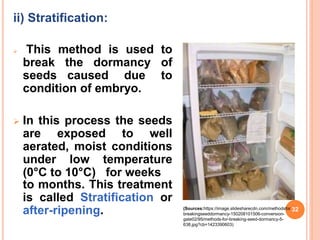 ii) Stratification:
 This method is used to
break the dormancy of
seeds caused due to
condition of embryo.
 In this process the seeds
are exposed to well
aerated, moist conditions
under low temperature
(0°C to 10°C) for weeks
to months. This treatment
is called Stratification or
after-ripening. (Sources:https://image.slidesharecdn.com/methodsfor 32
breakingseeddormancy-150208101506-conversion-
gate02/95/methods-for-breaking-seed-dormancy-5-
638.jpg?cb=1423390603)
 