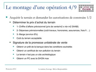 Le montage d’une opération 4/9
 Acquérir le terrain et demander les autorisations de construire 1/2
 Déterminer le prix d’achat du terrain
 1- Chiffre d’affaire prévisionnel (prix de vente/m2 x nbr m2 SHAB)
 2- Dépenses prévisionnelles (coût travaux, honoraires, assurances, frais fi …)
 3- Marge (environ 6%)
 Coût du terrain acceptable
 Signature de la promesse unilatérale de vente
 Obtenir un prêt de la banque dans les conditions souhaités
 Obtenir un certificat de non pollution du terrain
 Le terrain n’est pas un site archéologique
 Obtenir un PC avec la SHON max
Promotion 2014 La maîtrise d’ouvrage : Rôle et Responsabilités
 