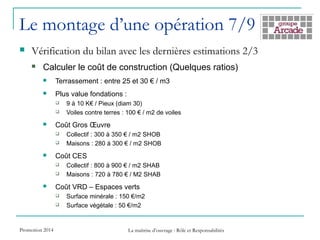 Le montage d’une opération 7/9
 Vérification du bilan avec les dernières estimations 2/3
 Calculer le coût de construction (Quelques ratios)
 Terrassement : entre 25 et 30 € / m3
 Plus value fondations :
 9 à 10 K€ / Pieux (diam 30)
 Voiles contre terres : 100 € / m2 de voiles
 Coût Gros Œuvre
 Collectif : 300 à 350 € / m2 SHOB
 Maisons : 280 à 300 € / m2 SHOB
 Coût CES
 Collectif : 800 à 900 € / m2 SHAB
 Maisons : 720 à 780 € / M2 SHAB
 Coût VRD – Espaces verts
 Surface minérale : 150 €/m2
 Surface végétale : 50 €/m2
Promotion 2014 La maîtrise d’ouvrage : Rôle et Responsabilités
 