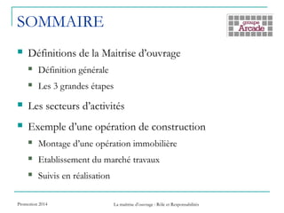 SOMMAIRE
 Définitions de la Maitrise d’ouvrage
 Définition générale
 Les 3 grandes étapes
 Les secteurs d’activités
 Exemple d’une opération de construction
 Montage d’une opération immobilière
 Etablissement du marché travaux
 Suivis en réalisation
Promotion 2014 La maîtrise d’ouvrage : Rôle et Responsabilités
 