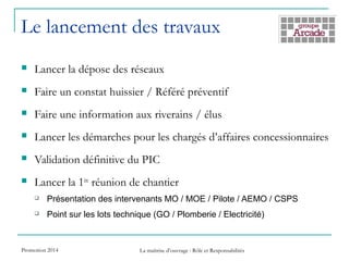Le lancement des travaux
 Lancer la dépose des réseaux
 Faire un constat huissier / Référé préventif
 Faire une information aux riverains / élus
 Lancer les démarches pour les chargés d’affaires concessionnaires
 Validation définitive du PIC
 Lancer la 1ère
réunion de chantier
 Présentation des intervenants MO / MOE / Pilote / AEMO / CSPS
 Point sur les lots technique (GO / Plomberie / Electricité)
Promotion 2014 La maîtrise d’ouvrage : Rôle et Responsabilités
 