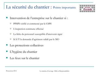 La sécurité du chantier : Points importants
 Intervention de l’entreprise sur le chantier si :
 PPSPS vérifié et commenté par le CSPS
 L’inspection commune effectué
 La fiche du personnel susceptible d'intervenir signé
 Si S/T la demande d’agrément validé par le MO
 Les protections collectives
 L’hygiène du chantier
 Les feux sur le chantier
Promotion 2014 La maîtrise d’ouvrage : Rôle et Responsabilités
 