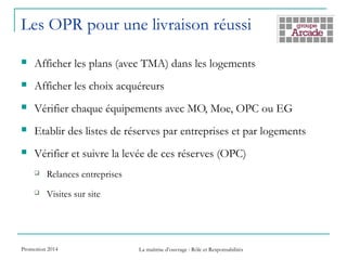 Les OPR pour une livraison réussi
 Afficher les plans (avec TMA) dans les logements
 Afficher les choix acquéreurs
 Vérifier chaque équipements avec MO, Moe, OPC ou EG
 Etablir des listes de réserves par entreprises et par logements
 Vérifier et suivre la levée de ces réserves (OPC)
 Relances entreprises
 Visites sur site
Promotion 2014 La maîtrise d’ouvrage : Rôle et Responsabilités
 