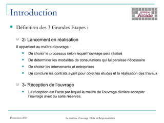 Introduction
 Définition des 3 Grandes Etapes :
 2- Lancement en réalisation
Il appartient au maître d’ouvrage :
 De choisir le processus selon lequel l’ouvrage sera réalisé
 De déterminer les modalités de consultations qui lui paraisse nécessaire
 De choisir les intervenants et entreprises
 De conclure les contrats ayant pour objet les études et la réalisation des travaux
 3- Réception de l’ouvrage
 La réception est l’acte par lequel le maître de l’ouvrage déclare accepter
l’ouvrage avec ou sans réserves.
Promotion 2014 La maîtrise d’ouvrage : Rôle et Responsabilités
 