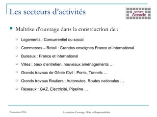 Les secteurs d’activités
 Maîtrise d’ouvrage dans la construction de :
 Logements : Concurrentiel ou social
 Commerces – Retail : Grandes enseignes France et International
 Bureaux : France et International
 Villes : baux d’entretien, nouveaux aménagements …
 Grands travaux de Génie Civil : Ponts, Tunnels …
 Grands travaux Routiers : Autoroutes, Routes nationales …
 Réseaux : GAZ, Electricité, Pipeline …
Promotion 2014 La maîtrise d’ouvrage : Rôle et Responsabilités
 