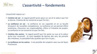 13
L’assertivité – fondements
L’assertivité repose sur :
• L’estime de soi : le regard positif qu’on pose sur soi et la valeur que l’on
se donne. L’estime de soi concerne ce que l’on est ;
• La confiance en soi : la confiance en ses capacités et en sa faculté
d’acquérir de nouvelles compétences. La confiance en soi permet d’être
autonome, d’assumer ses responsabilités, d’être à l’initiative de projets.
La confiance en soi concerne ce que l’on fait ;
• L’estime des autres : le regard positif que l’on porte sur eux et la valeur
qu’on leur reconnaît : ils sont capables de donner des avis, de prendre
des initiatives, ils possèdent des qualités que l’on n’a pas ;
• La confiance en les autres : il est possible de coopérer avec eux de façon
fructueuse.
 